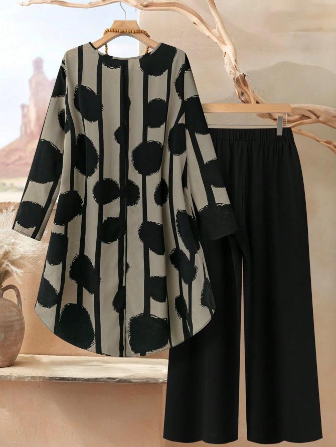 Abstract Polka Dot Short Sleeve Top and Wide Leg Pants Two Piece Set in Gray & Black S чёрный