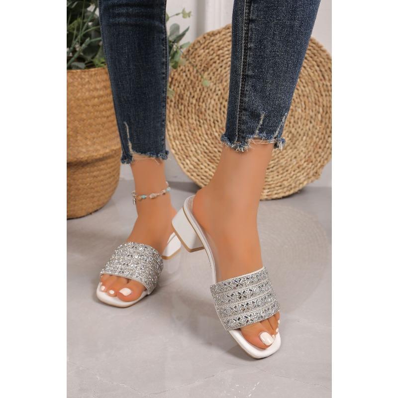 Women's European American Fashion One Strap Rhinestone High Heel Chunky Heel Slide Sandals