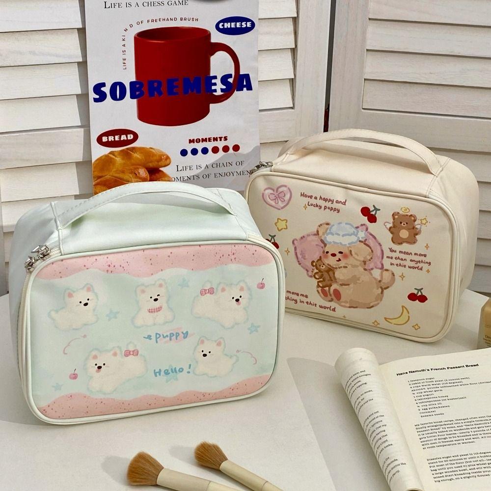 Portable Cartoon Print Sorting Cosmetic Bag Large Capacity with Handle Makeup Bag Square PU Travel Toiletry Bag