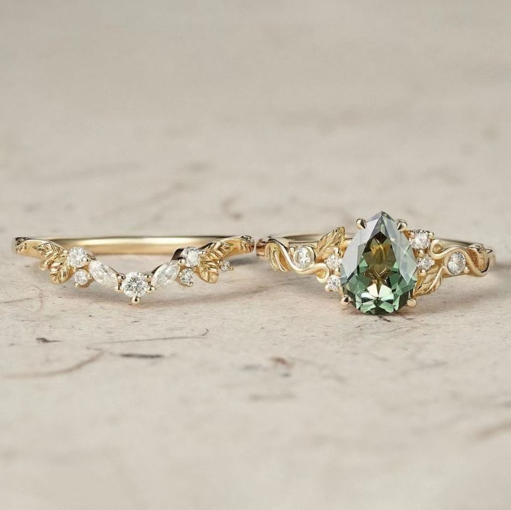 Luxury European and American Ins New Inlaid Light Green Crystal Set Ring, Gold Leaf Flower Pair Ring