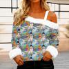 Women's Off-the-shoulder Plush Neck Printed Long-sleeved Pullover T-shirt Top