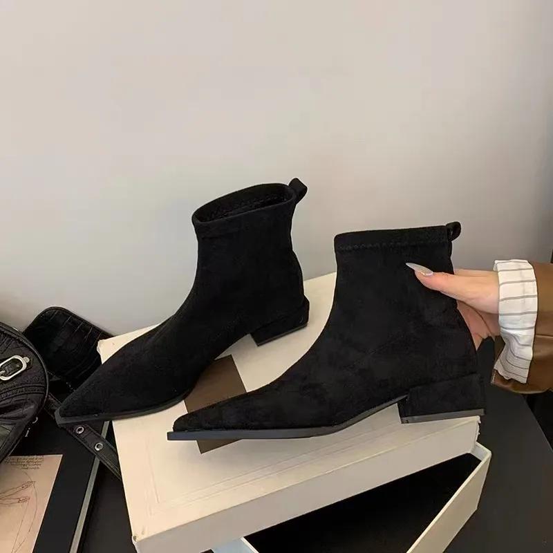 

Женские ботильоны Темпераментный Острый носок Короткие ботинки Высокое качество Замша Ретро Ботильоны Облегающие Эластичные Короткие ботинки Botas Mujer 35