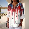 Women's Fashion Casual Button V-Neck Cotton And Linen Independence Day Printed Seven Sleeve T-Shirt Top