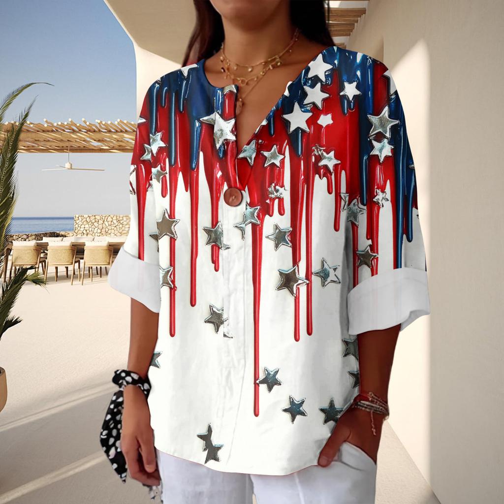 Women's Fashion Casual Button V-Neck Cotton And Linen Independence Day Printed Seven Sleeve T-Shirt Top