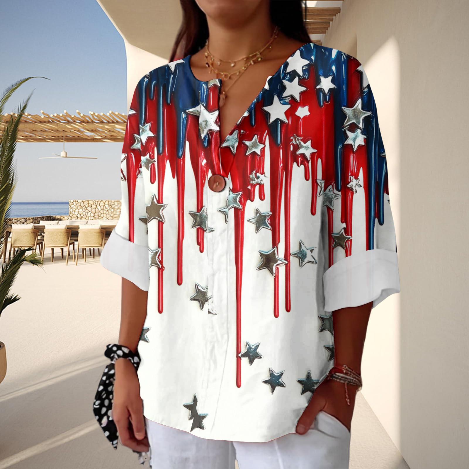 

Women s Fashion Casual Button V-Neck Cotton And Linen Independence Day Printed Seven Sleeve T-Shirt Top XXL