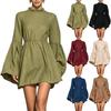 Women's Stylish Color Long Sleeve Neck Ruffle Dress with Elastic Waist