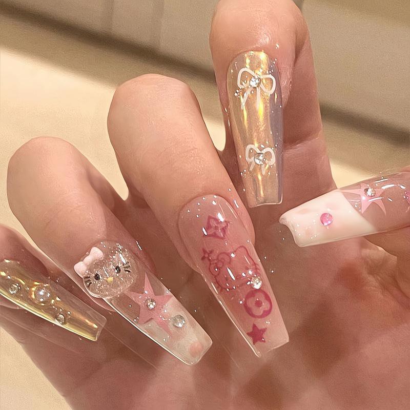 Hello Kitty Cartoon Cute Press-On Nails - Popular Handmade Long Nail Art