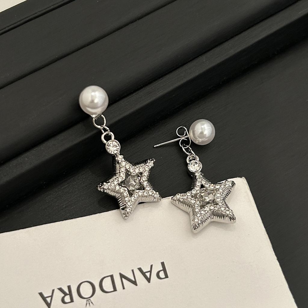 1 Pair Full zircon ear studs - exquisite and fashionable five-pointed star pearl earrings