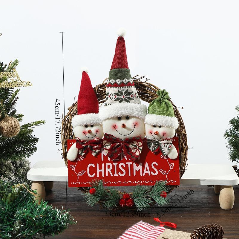 1pcs Fabric Christmas Wreath Garland with Santa and Snowman Door Wall Hanging Rattan Ornament for Holiday Scene Decor
