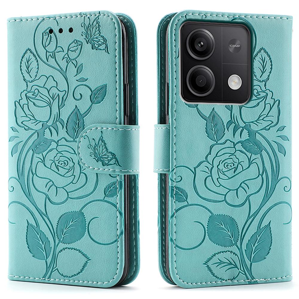

For Xiaomi Redmi Note 13 5G Case Wallet Stand Imprinted Rose Butterfly PU Leather Phone Cover Green
