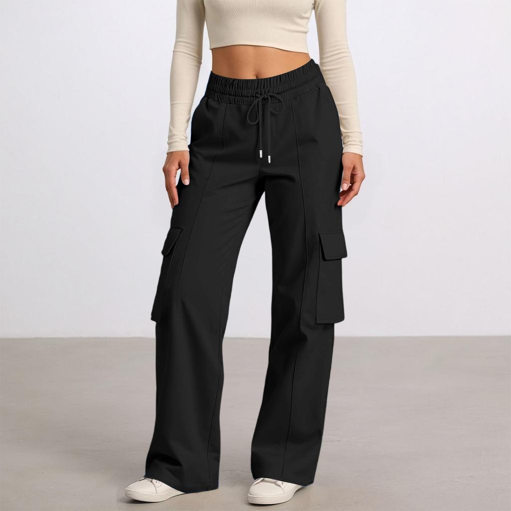 Women's Casual Fashion Solid Color Elastic Waist Drawstring Workwear Wide Leg Pants With Pockets
