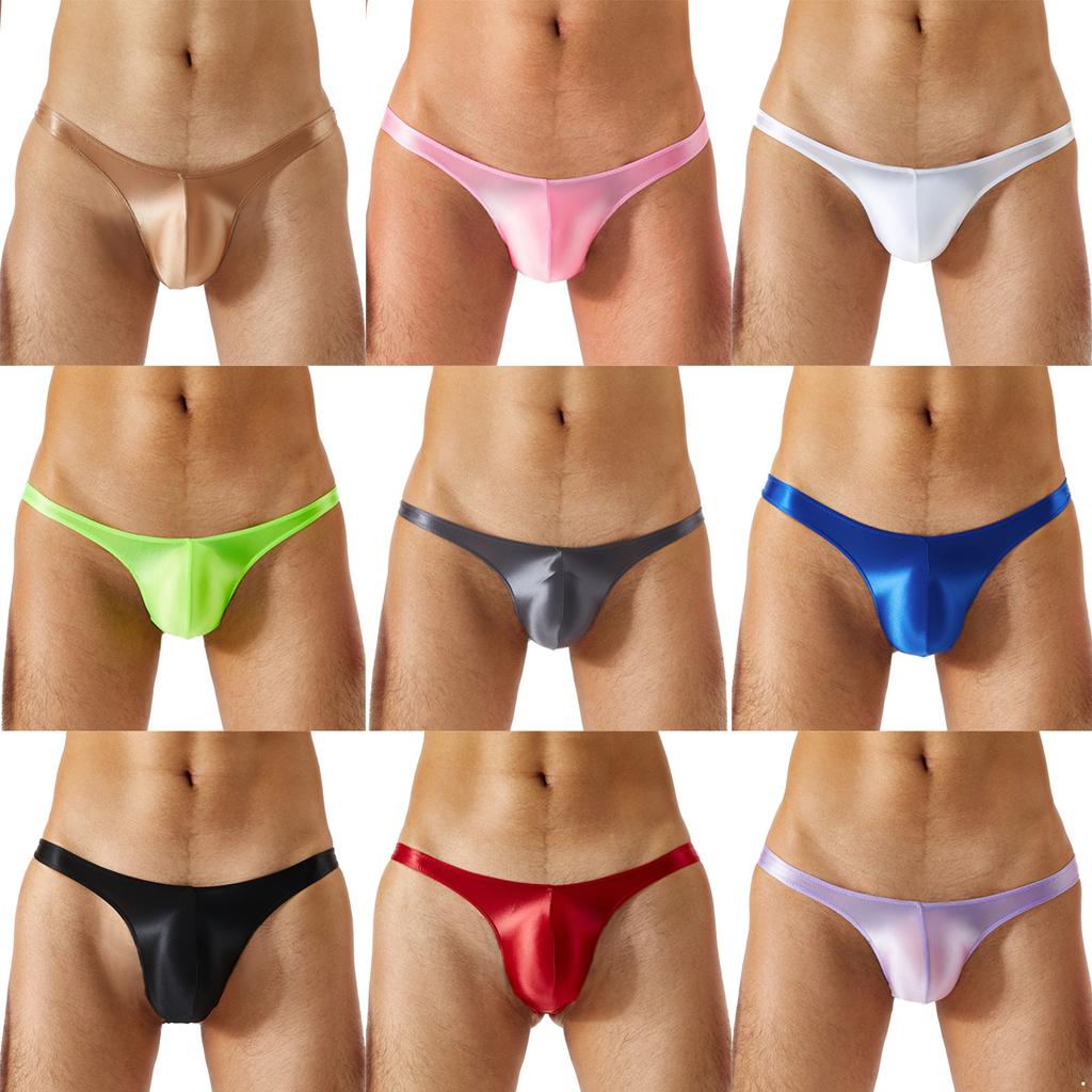 Mens Swimwear Glossy Bulge Pouch Thongs Panties Solid Color Low Waist Briefs Underpants Thong Bikini Underwear