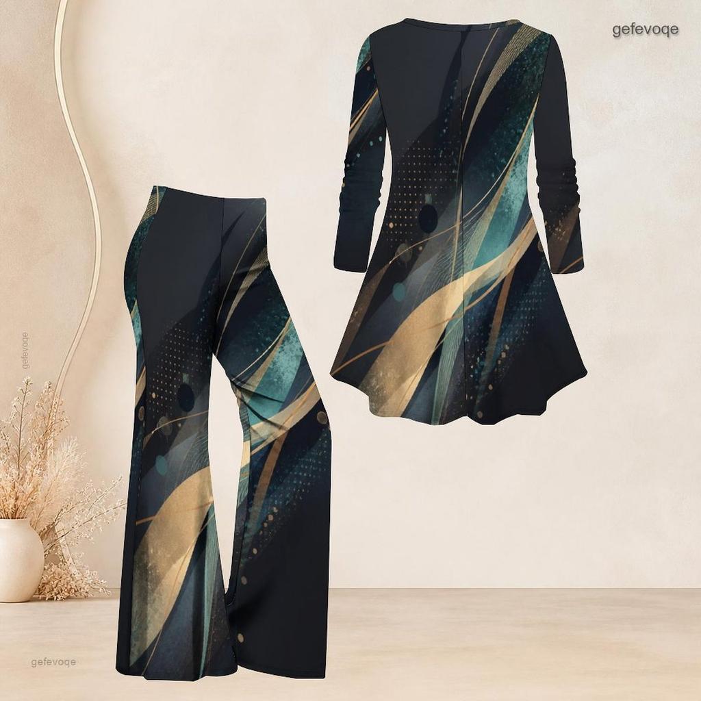 Women Plus Size V Neck Three Quarter Sleeve Printed Flared Top And Flared Pants Two Piece Set
