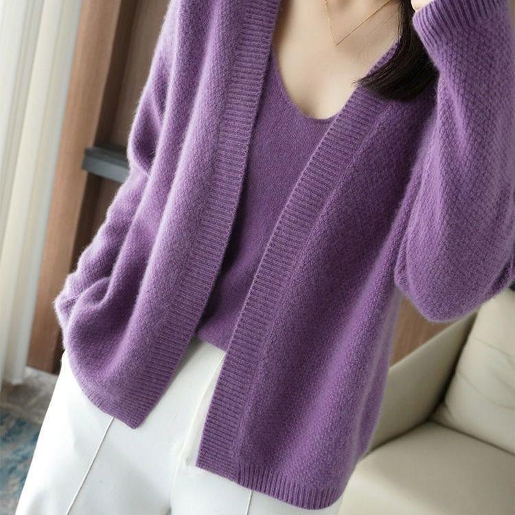 Two Piece Set Women Solid Color Knit V Neck Sweater Cardigan Fashion Versatile Autumn Winter Outerwear