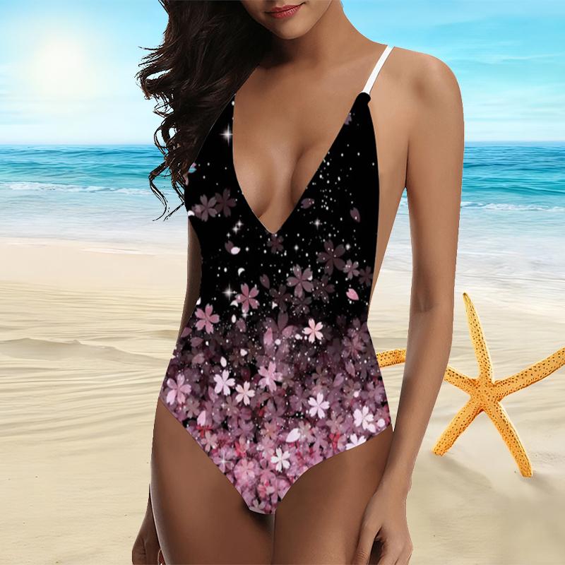 

Hot Selling and Popular Women s Fashionable Cherry Blossom Printed Camisole with Backless Swimsuit XXXXXL рожевий