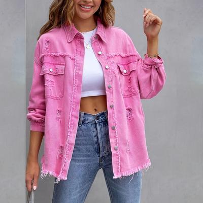 Broken Holes Einfarbige Jeansjacke Damen Bequeme Lässige Lose Knopf Strickjacke Mantel Streetwear Damenoberbekleidung