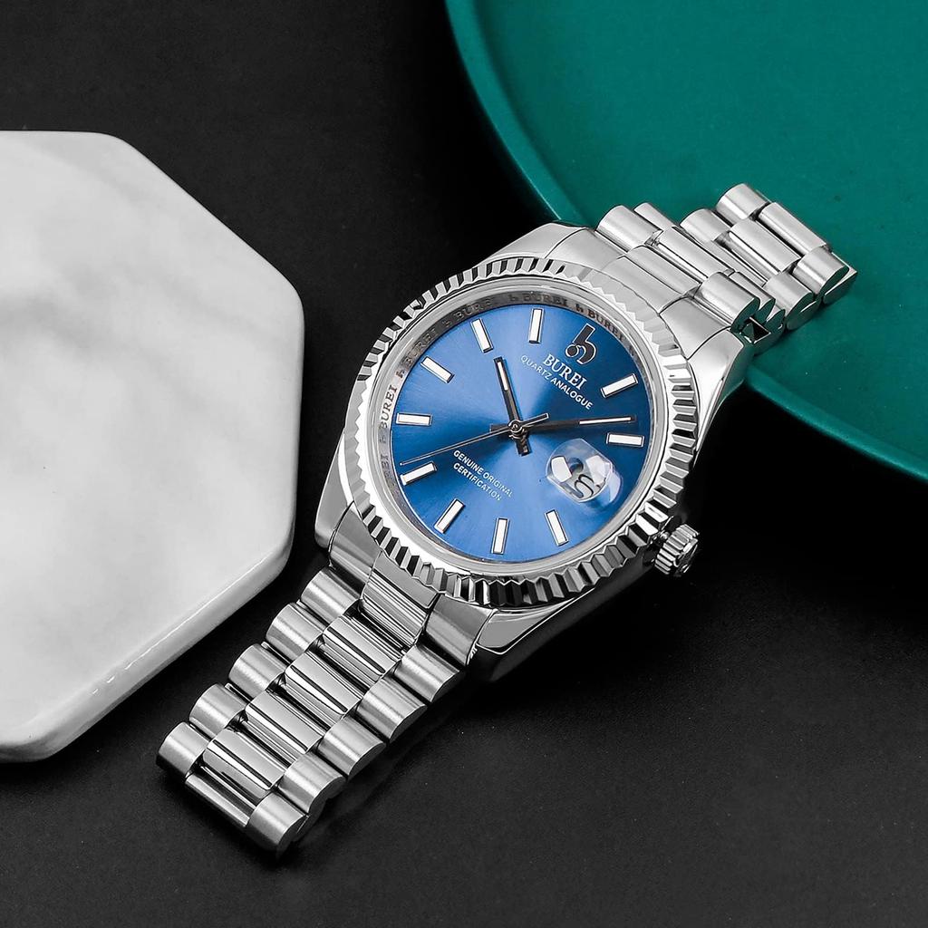 BUREI Men's Watch Waterproof Quartz Analog Simple Popular Business Fashion Silver Blue Luminous Watch Birthday Gift