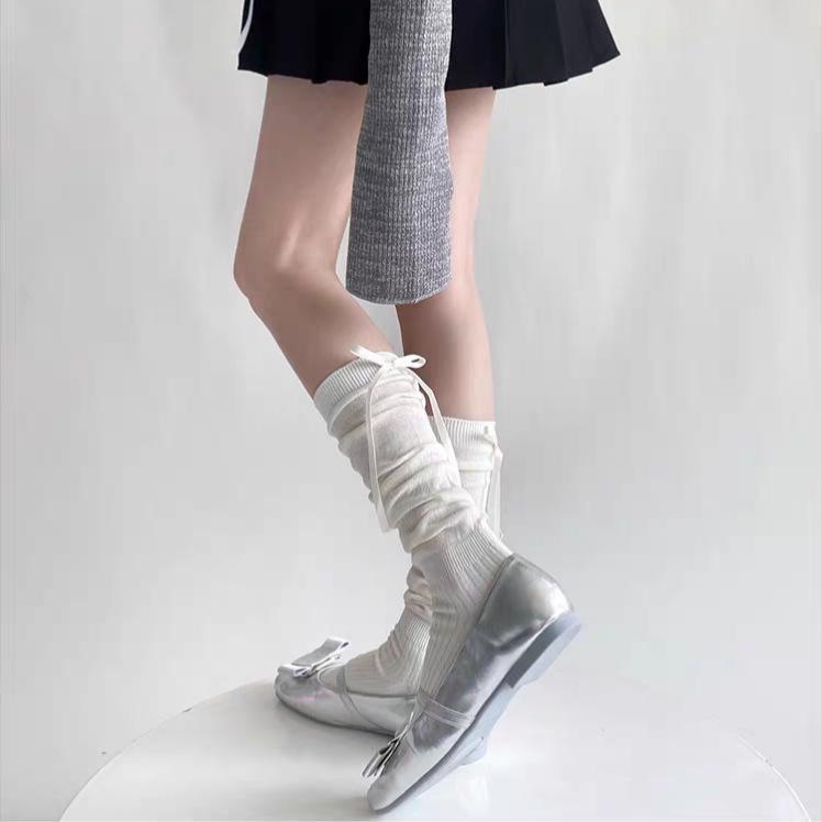 White Ballet-Style Mid-Calf Socks with Stripes and Bows for Women - Spring/Autumn Collection