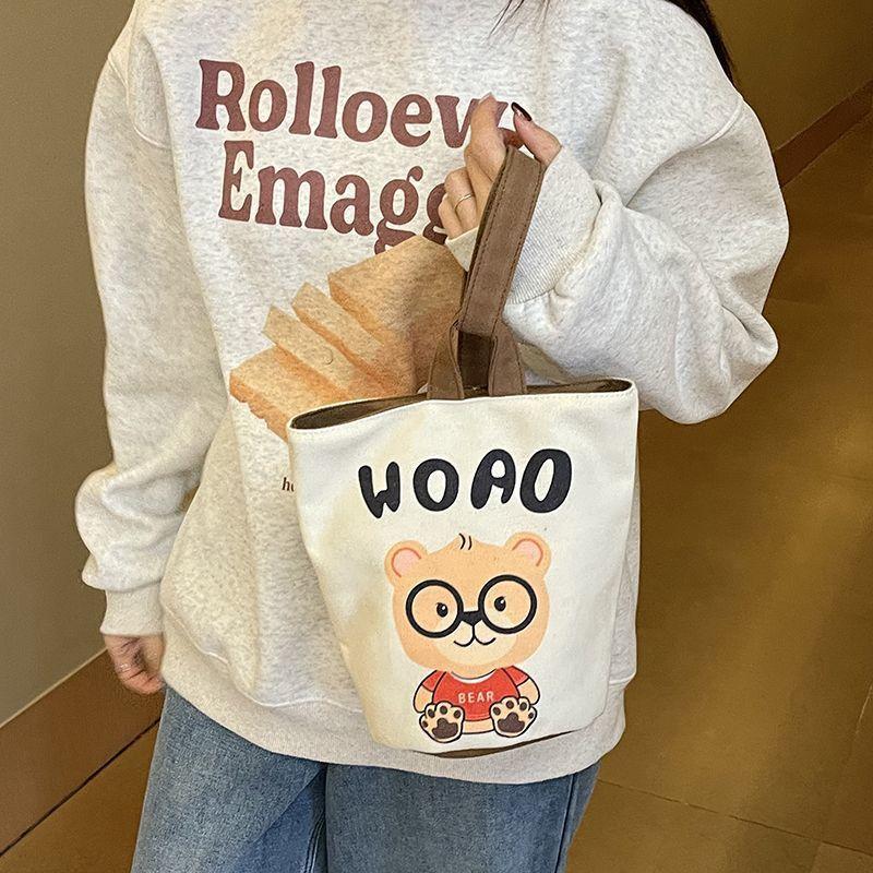 2025 Portable Bucket Bag Hand-Carrying Out Ins Canvas Bag Cute Girl Mobile Phone Female Bag