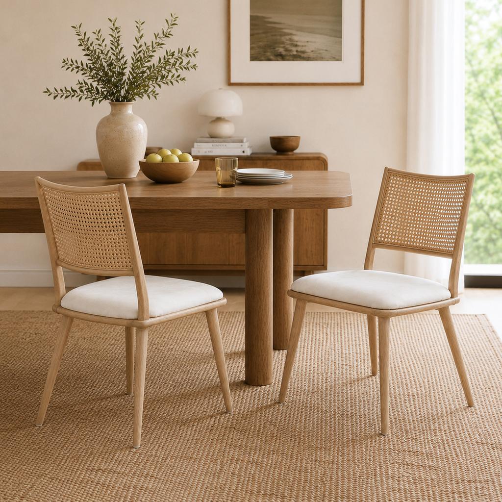 2 Dining Chairs, PU Seat, Rattan Backrest, Living Room, Bedroom Chair, Beige