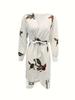 European Fashion Satin Print V-neck Belted Long Sleeve Dress, 2025 Women's Long Skirt