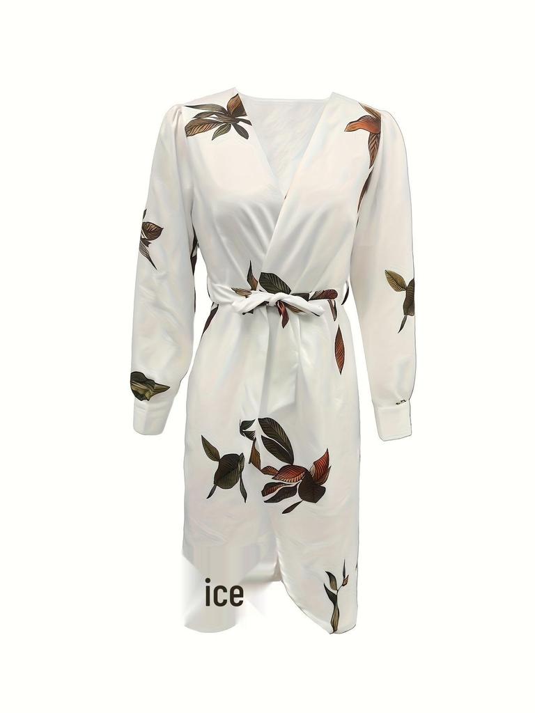 European Fashion Satin Print V-neck Belted Long Sleeve Dress, 2025 Women's Long Skirt