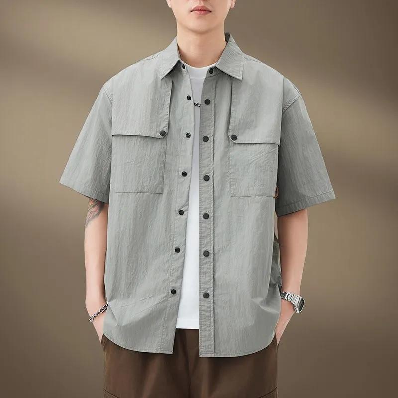 

Men s Army Green Short Sleeve Cargo Shirt Casual Button Down Work Shirt with Pockets S сірий