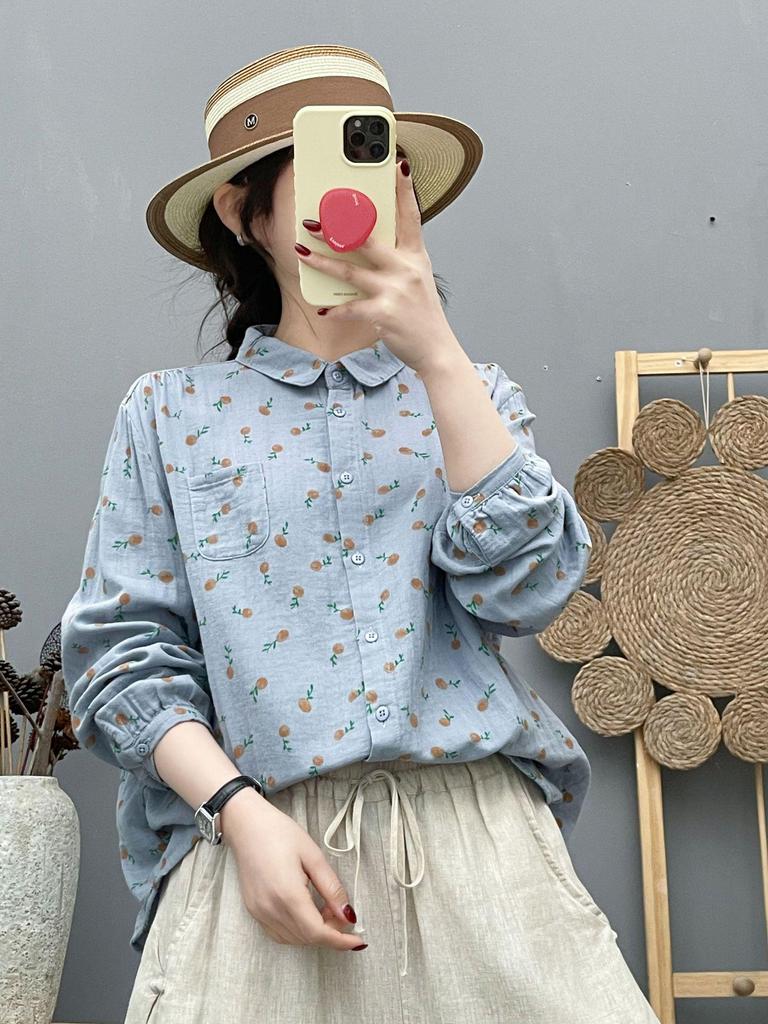 Women's Literary Floral Double-Layer Cotton Gauze Long-Sleeved Shirt - 2026 Spring Collection