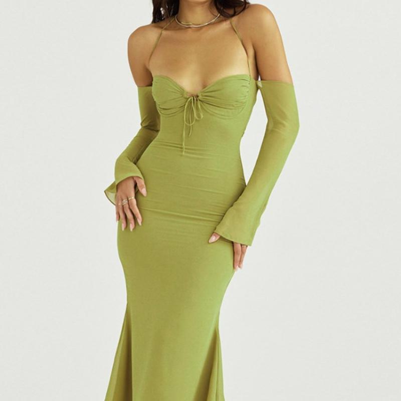 Y2K Vintage Women's Dress Elegant Halter Sling Slim Long Dresses Sexy Low-cut Backless Long Sleeve Casual Maxi Dress Clothes