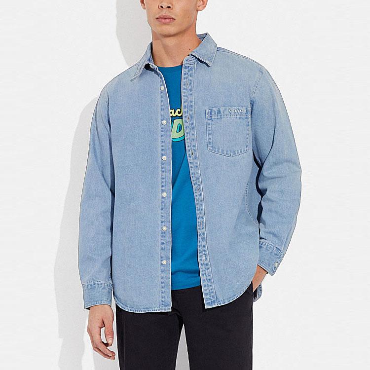 Coach Solid Color Single-Breasted Collar Straight Long Sleeve Shirt Men Shirts Blue CF792-P9J