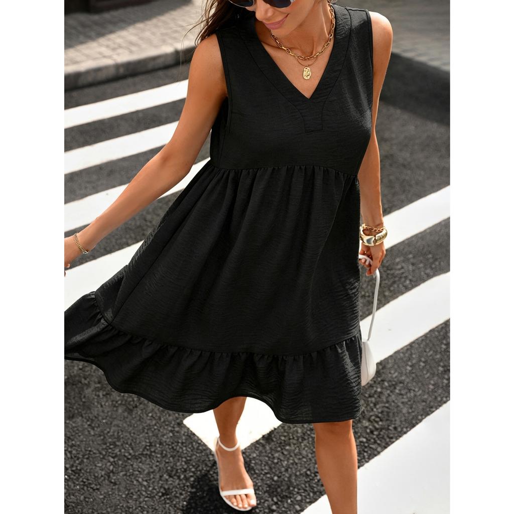 Sleeveless V Neck Ruffle Hem Dress with Pockets Casual Loose Fit Summer Sundress for Women Lightweight Fabric