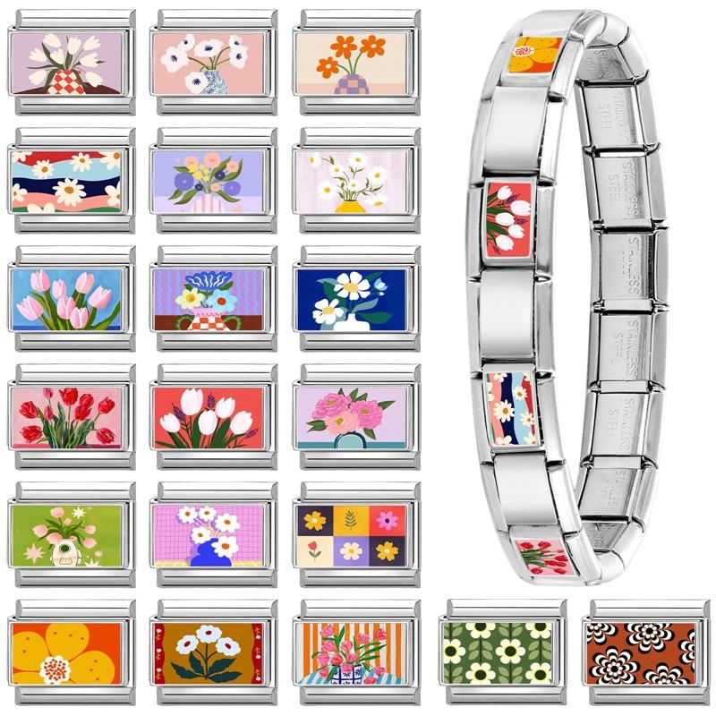 Damenmode Bunte Blumen Stil Serie Italienische Charms Passend für 9mm Edelstahlarmband DIY Schmuck Geschenk