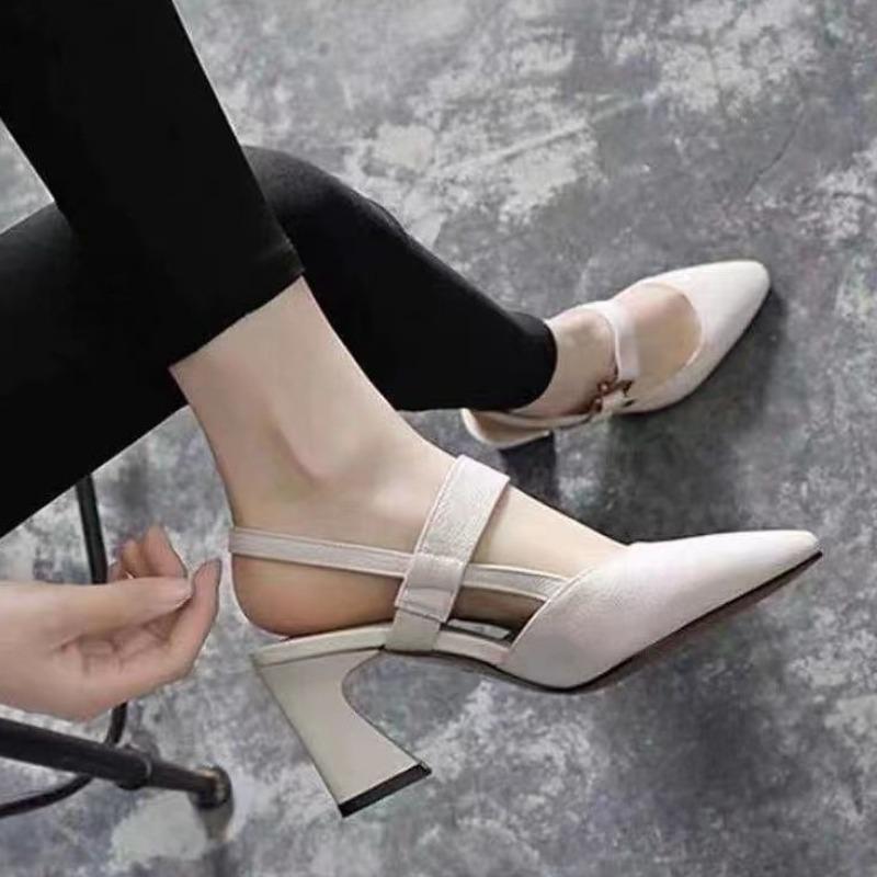 High-heeled sandals women's summer new pointed head bag head empty sandals round buckle thick heel fashion sandals