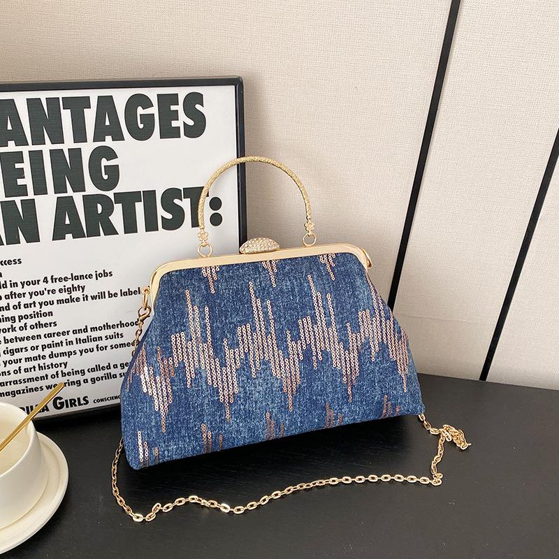 Textured Bag Women's Portable Autumn and Winter Clip Shell Bag Fashionable and Simple Splicing Sequined Chain Bag