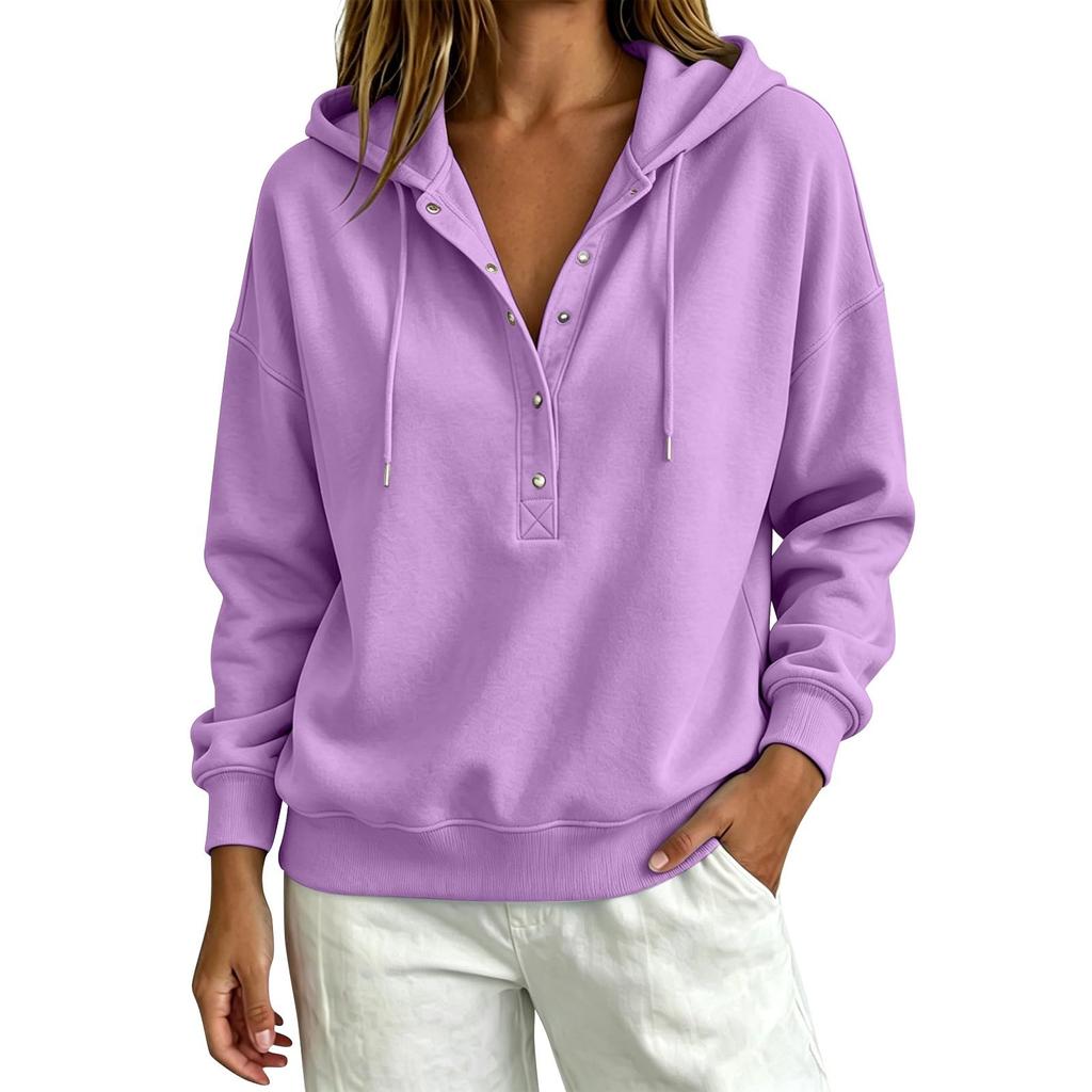 Women's Casual Button Front Hoodie Loose Fit Color Sweatshirt