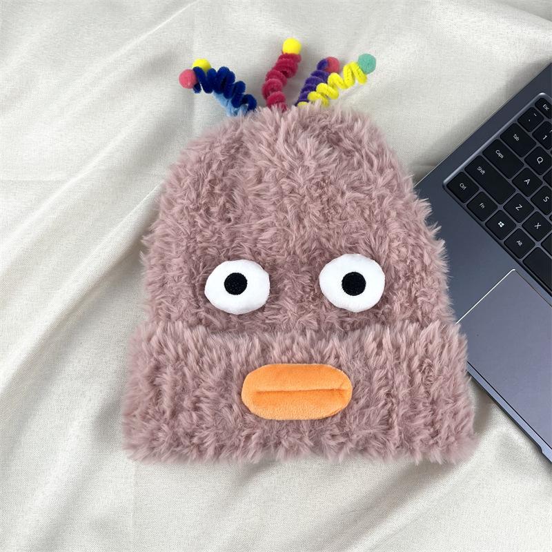 New Cute Funny Sausage Mouth Plush Hat Women's Versatile Big Head Circumference Warm Wool Ear Protection Knitted Hat
