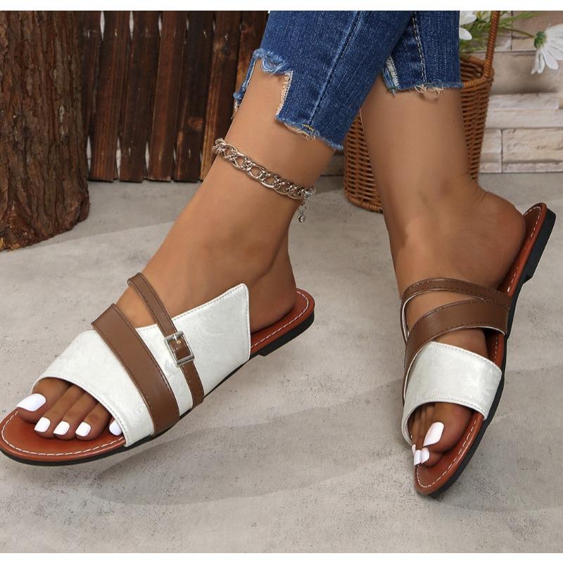 New Women's Solid Color Slides Slippers Lightweight Flat Slip On Walking Slides Comfort Beach Slides Slip-On Roman Sandals