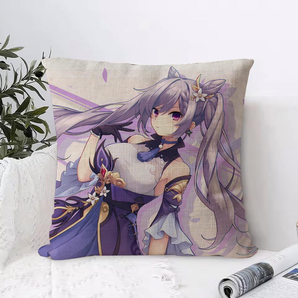 Genshin Impact Keqing Cushion Cover Eco Linen Pillow Case DoubleSided Print Breathable Durable Zipper Home Decor Gift