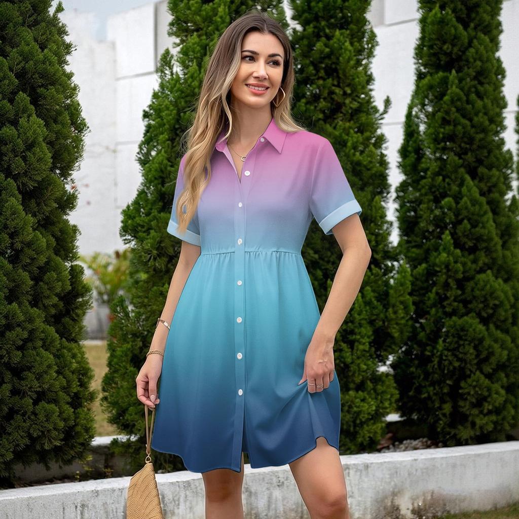 Women’s Casual Loose Shirt Dress Button Front Stand Collar Short Sleeve Gradient Print Relaxed Fit Tunic Dress for Daily Wear