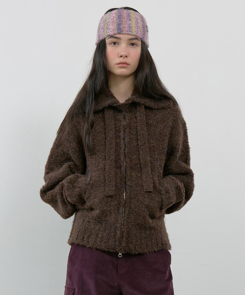 MA JOURNEE Tie Set Cozy Boucle Knit Zip-Up_Brown