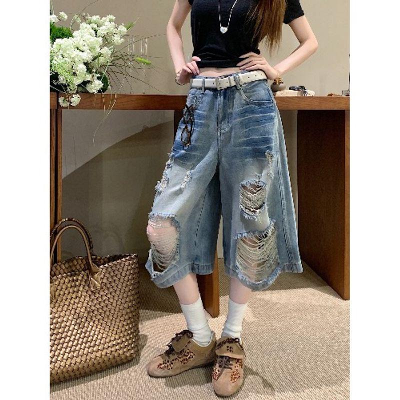 

Kumikumi Stylish Retro Blue with Holes Denim Women s Autumn High Waist Slim Looking Loose Pants Cropped Pants Blue XL