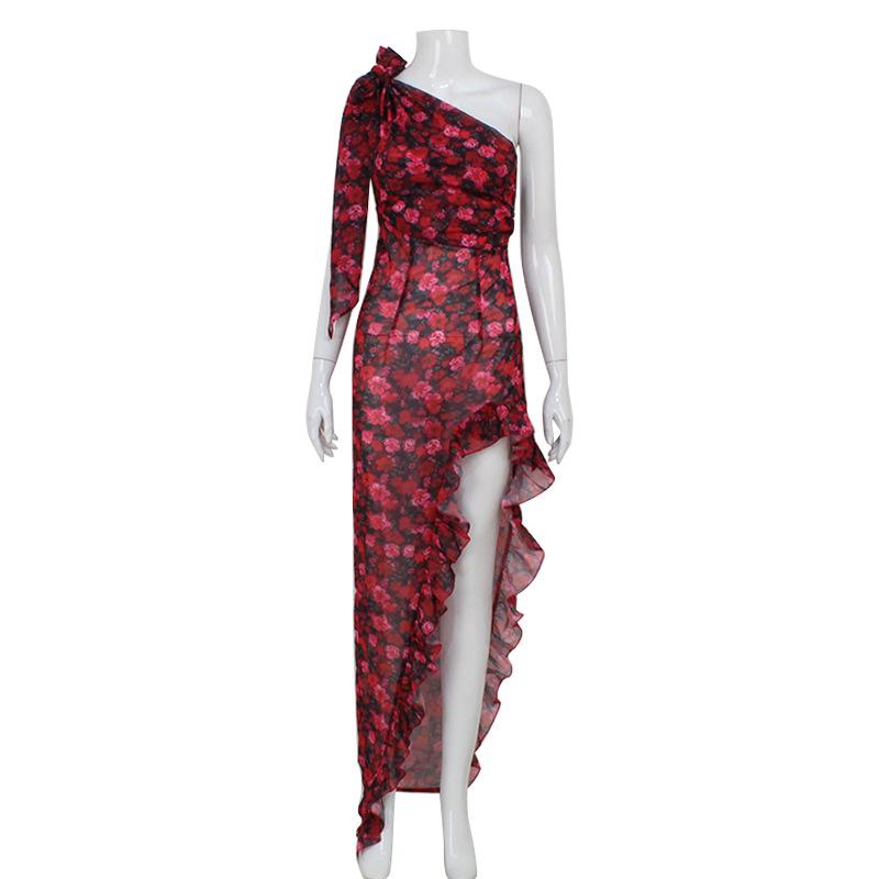 European and American style women's fashion diagonal collar ruffle edge floral printing dress waist temperament irregular long dress