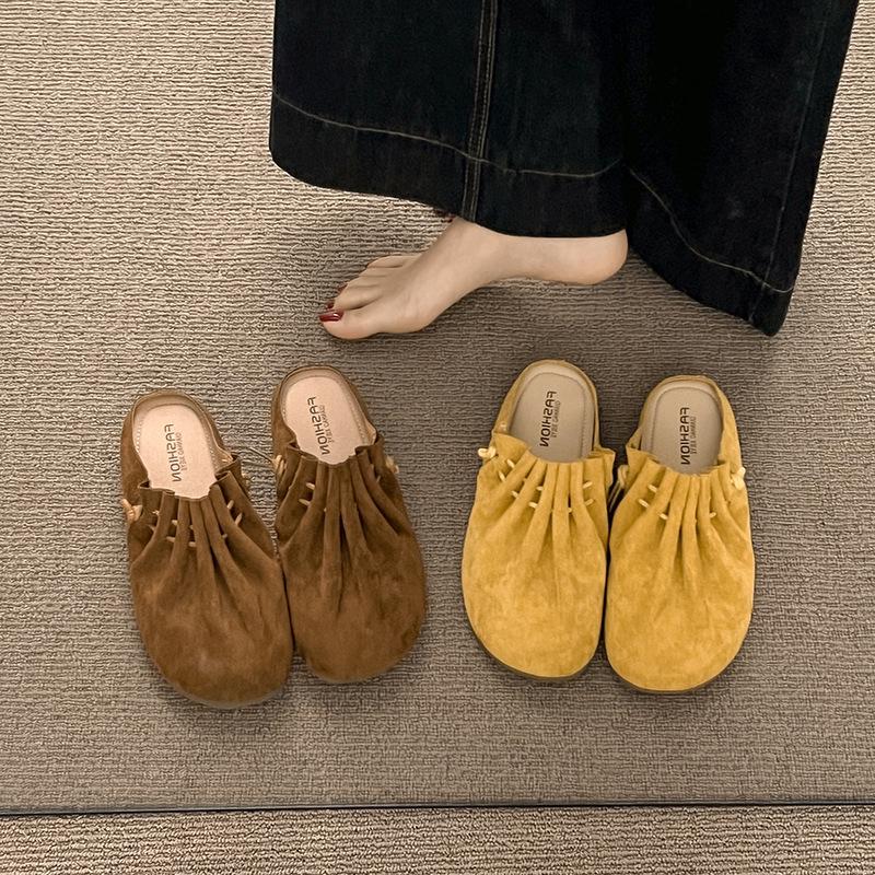 Soft Pleated Women with Bag Head Half Drag 2025 Spring New Retro Fashion One-pedal Lazy Bag Head Slippers Women