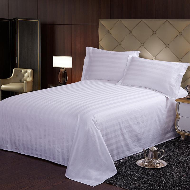 3cm Sateen Stripe 100% Cotton 4-Piece Linen Set, White - High-Density B&B Inn Quality