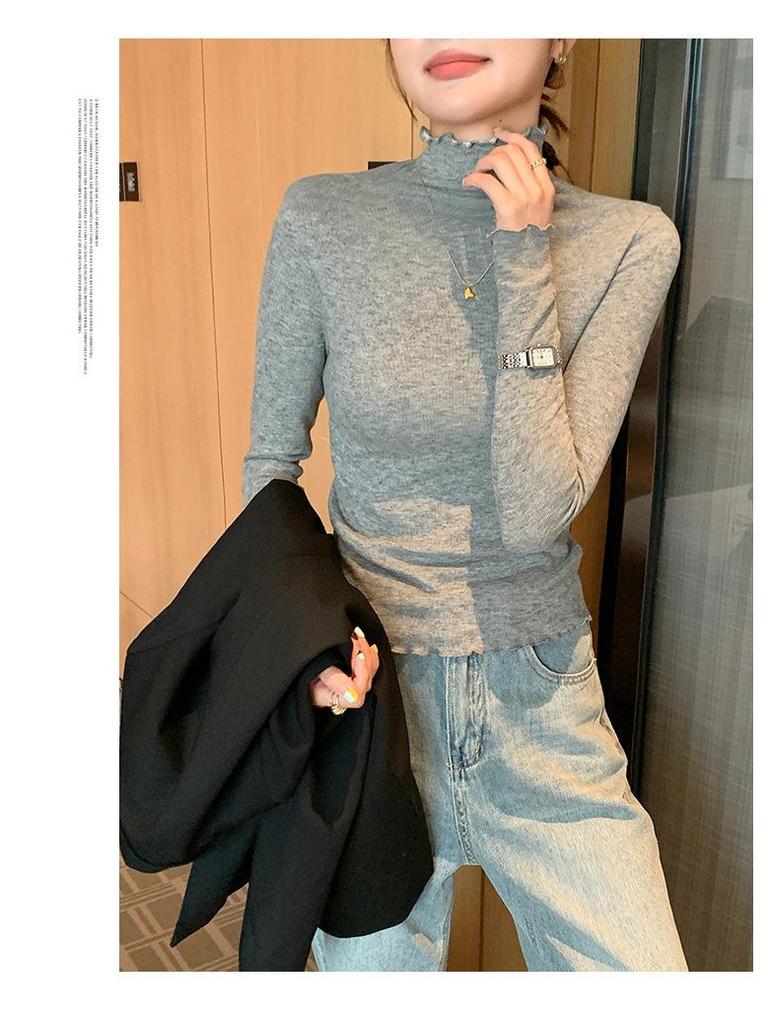 H360 Women's Lace Knit Ruffle High Neck Slim Fit Base Layer for Autumn/Winter