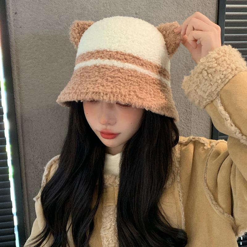 Hat Female Cute Bear Two-color Splicing Bucket Hat Winter Warm Show Washbasin Hat Thick