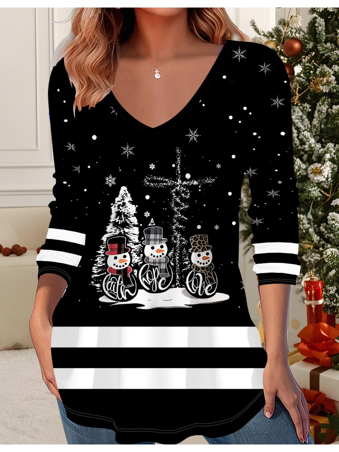 

3D Рождественская Принтованная Модная Повседневная Женская Футболка с V-образным вырезом и длинным рукавом - Одежда для новогодней вечеринки, Праздничный подарок 6XL