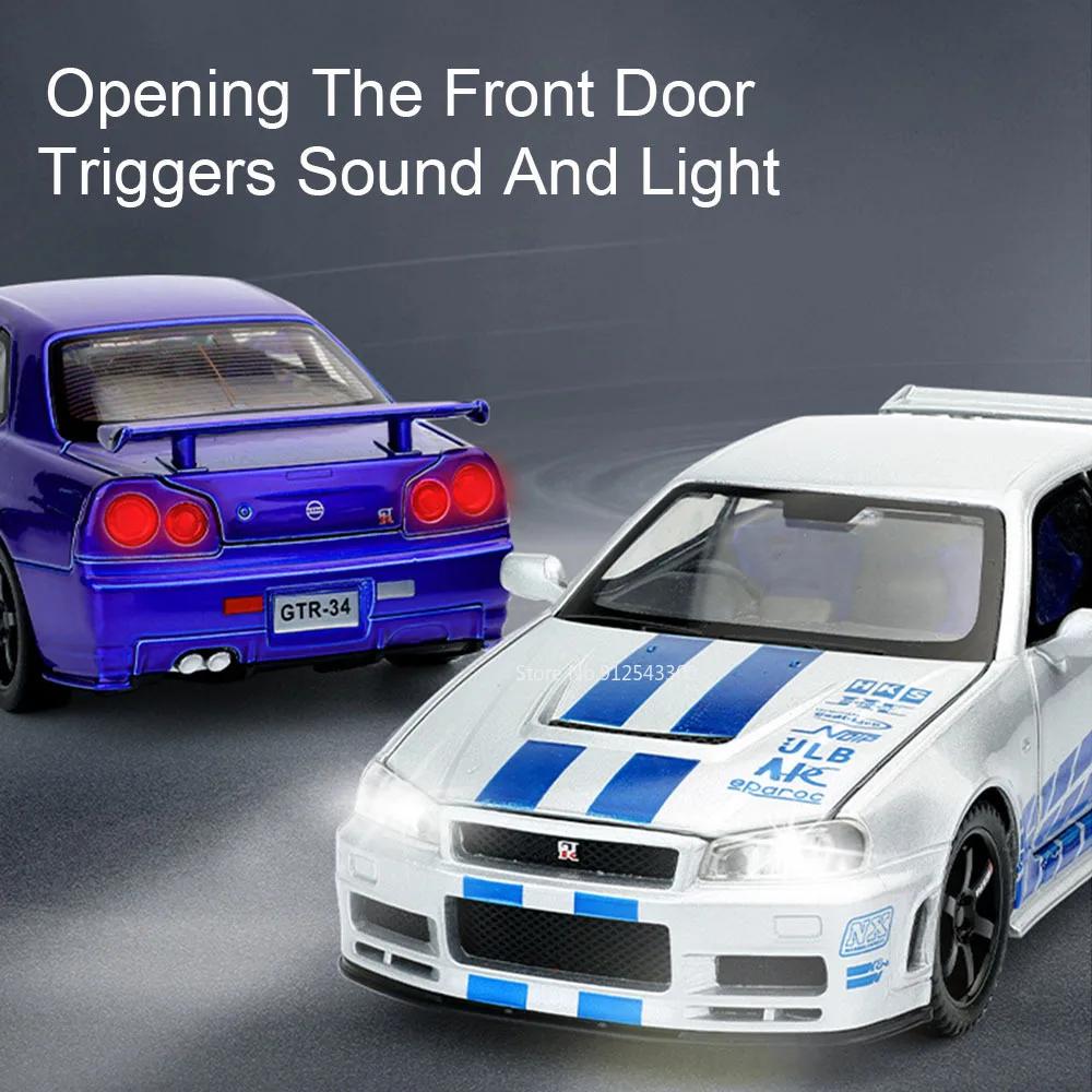 1:32 Scale GTR-R34 R35 Sports Car Model Toy Wheel Steering Alloy Diecast Vehicle Models Sound Light Pull Back Gifts for Kids