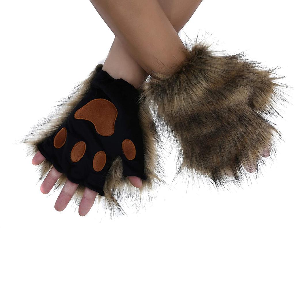 Guantes Pata de Lobo Piel Sintética Gato Manoplas sin Dedos Invierno Cálido Cosplay Halloween Disfraz de Fiesta de Lujo Accesorios