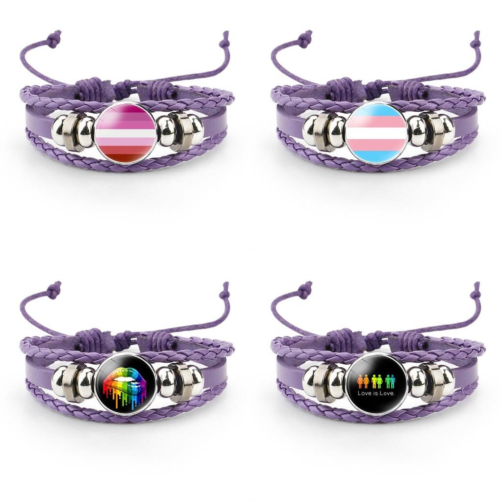 Unique Purple Leather Bracelet With Rainbow Flag Time Gemstone For Men And Women